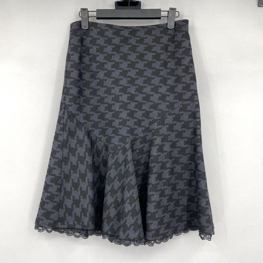 Vtg 90s Express Houndstooth Wool Skirt Womens 0 Lace Trim Trumpet Asymmetric y2k